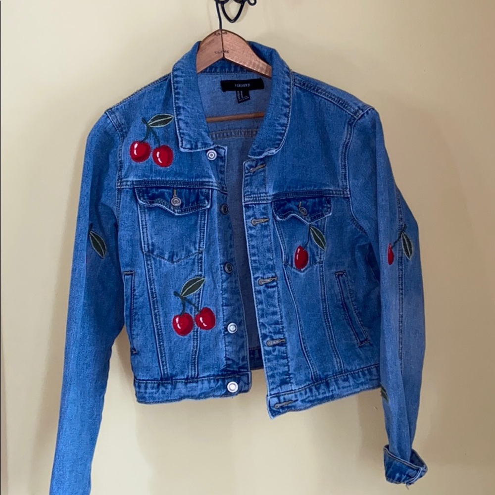 Forever 21 cherry embroidered jean jacket